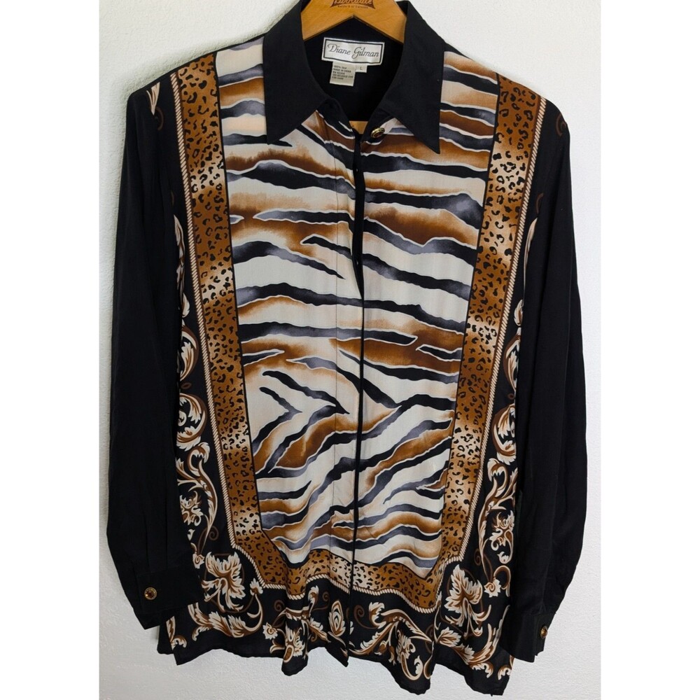 Diane Gilman 100% Silk Blouse Size Large Button Up Animal Print Shirt (528)